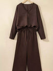 Braided V Neck Long Sleeve Loose Top and Drawstring High Waist Pants 2pcs Outfit