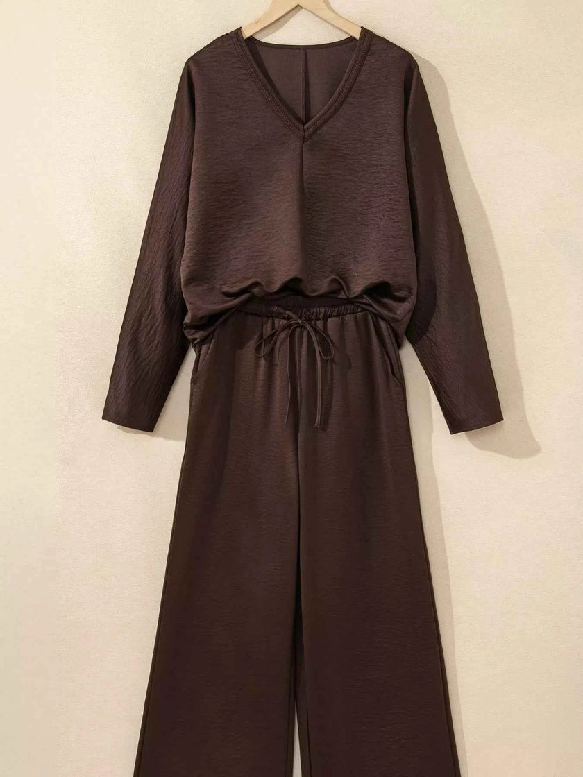 Braided V Neck Long Sleeve Loose Top and Drawstring High Waist Pants 2pcs Outfit