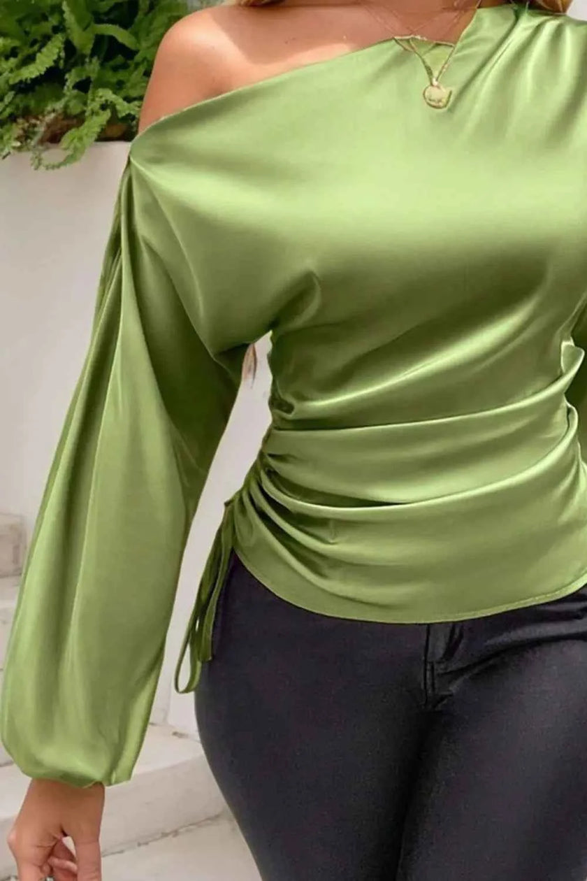 Drawstring One Shoulder Long Sleeve Blouse