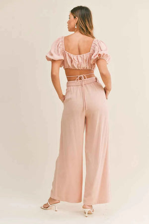 MABLE Cut Out Drawstring Crop Top and Belted Pants Set