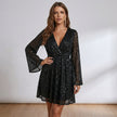 Sequin Deep V-Neck Long Sleeve Swing Mini Dress