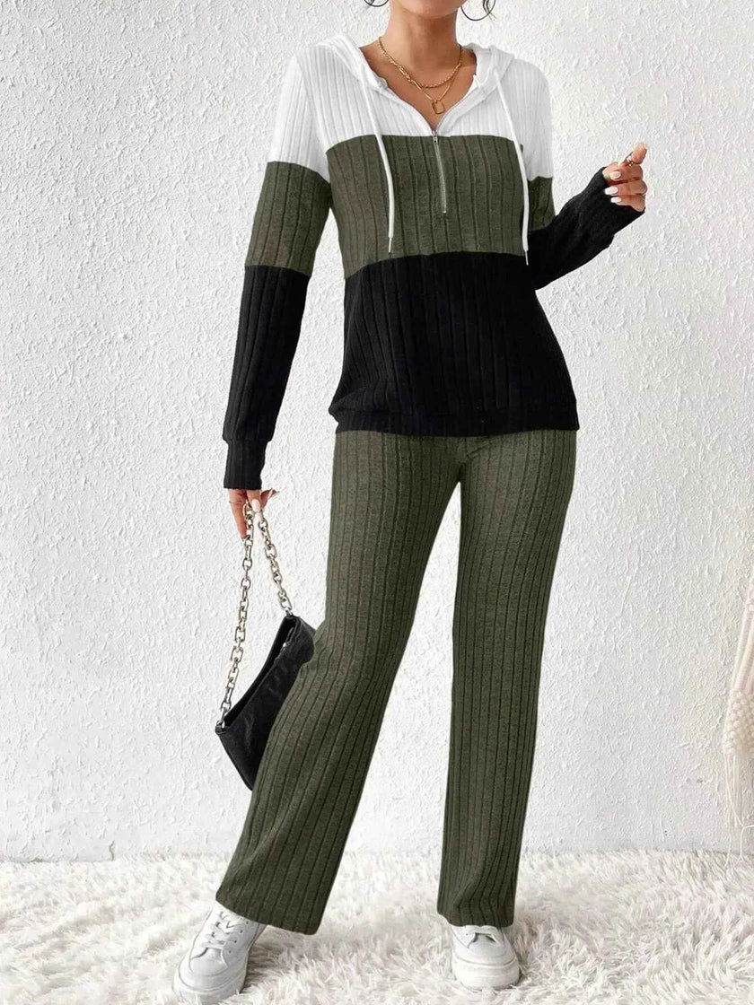 Color Block Half Zip Hooded Top and Pants Set