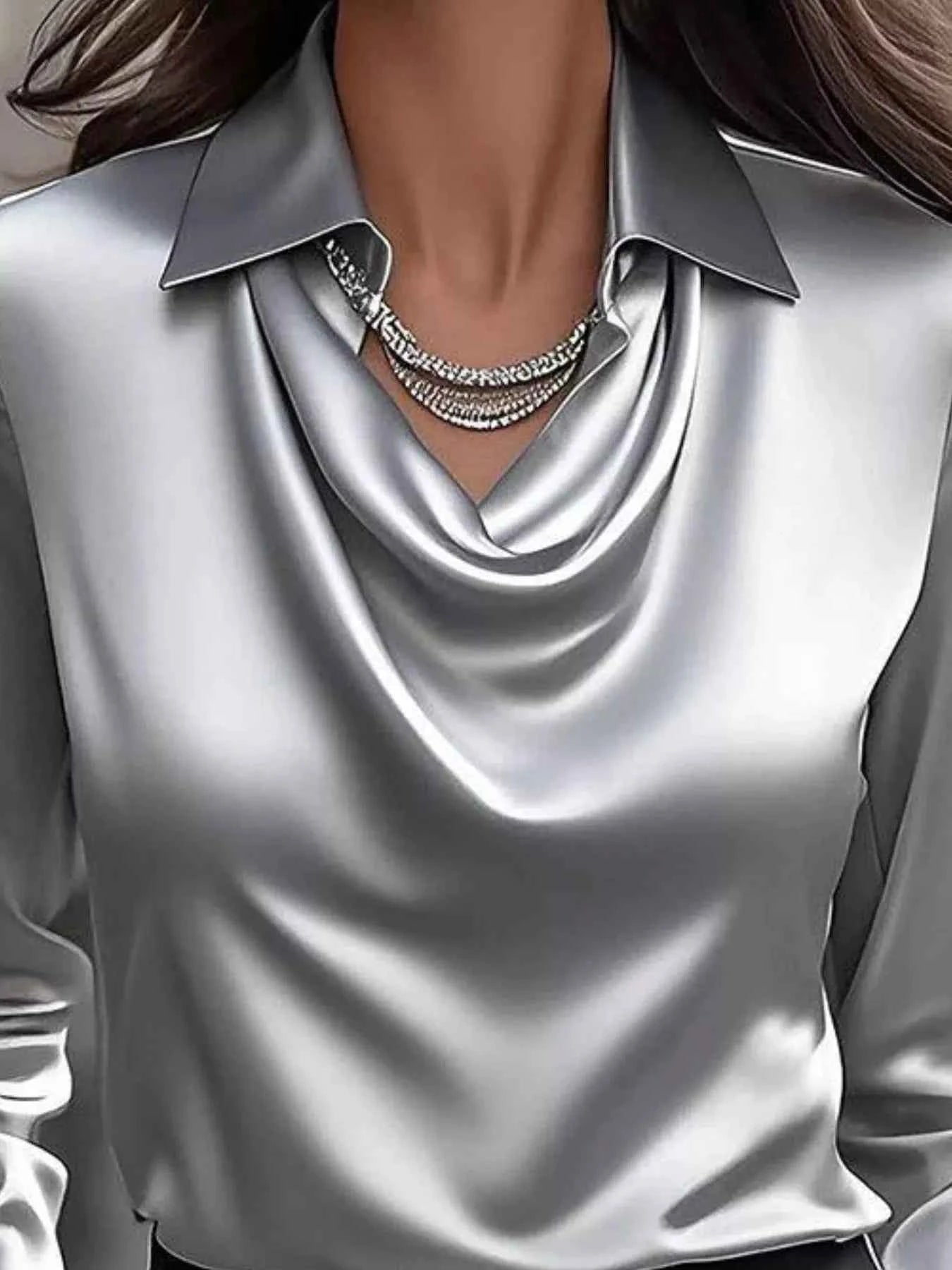 Ruched Long Sleeve Drape Collar Blouse