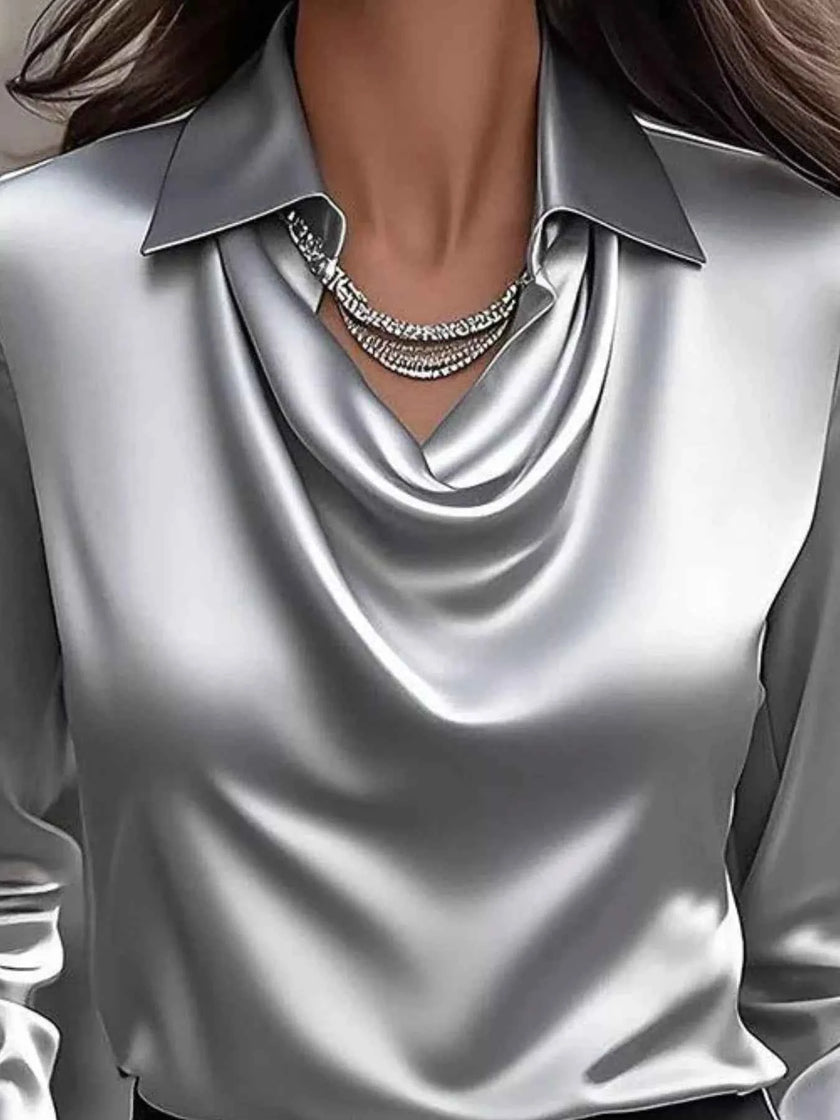 Ruched Long Sleeve Drape Collar Blouse