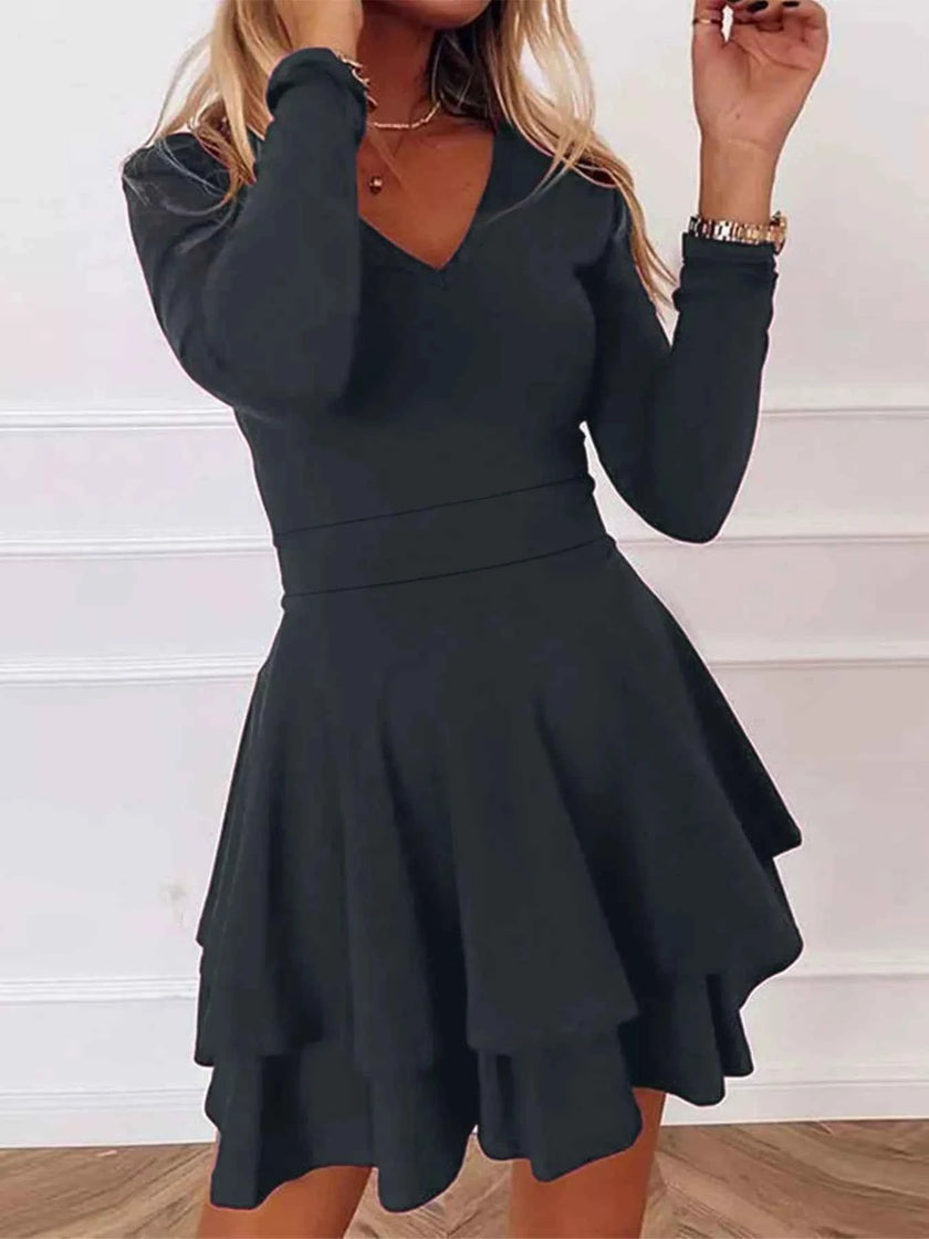 V-Neck Layered Ruffle Mini Dress