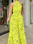 Halter Neck Abstract Print Wide Leg Jumpsuit
