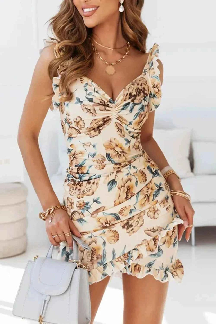 Printed Ruffled Sweetheart Neck Mini Dress