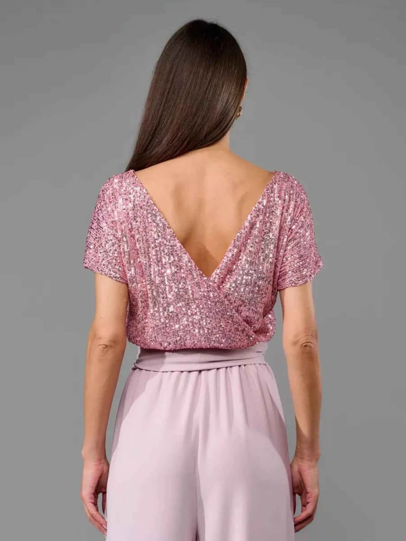 Full Size Sequin Short Sleeve Wide Leg Jumpsuit Plus Size
