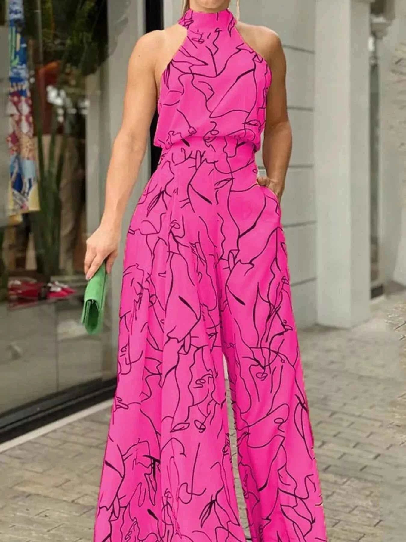 Halter Neck Abstract Print Wide Leg Jumpsuit