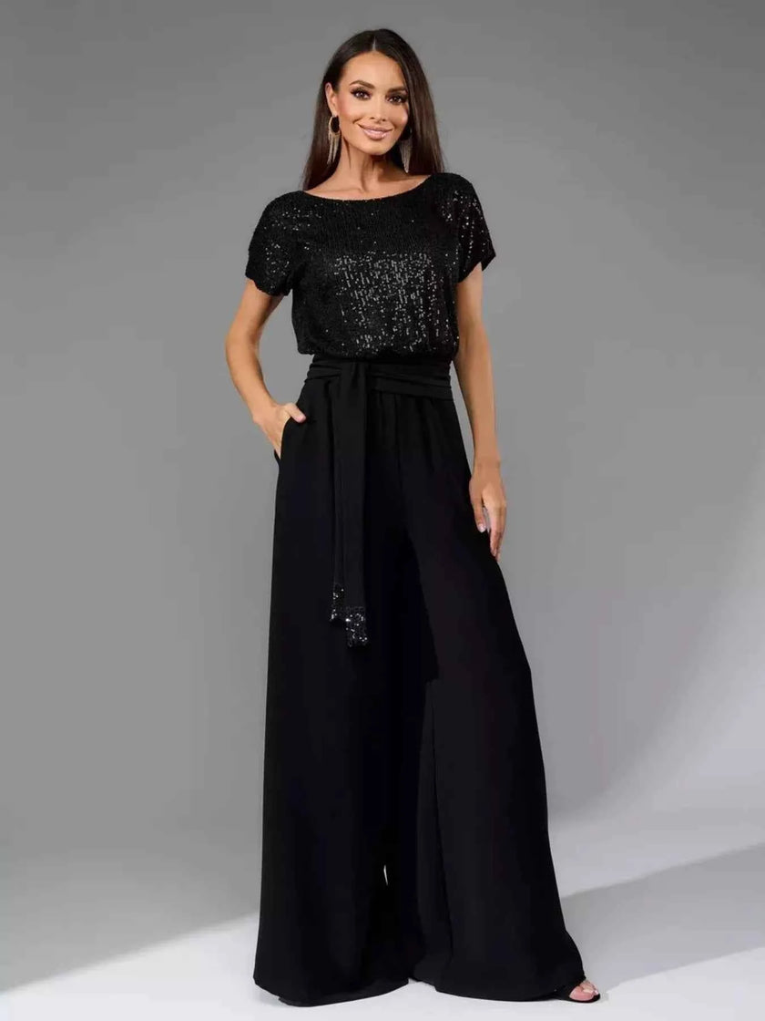 Full Size Sequin Short Sleeve Wide Leg Jumpsuit Plus Size