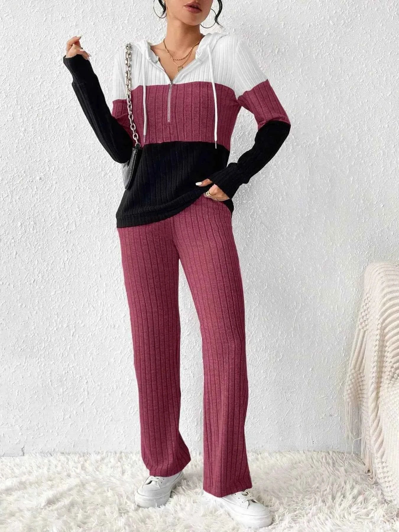 Color Block Half Zip Hooded Top and Pants Set