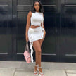 European Style Fitted Solid Color Fashion Set Handmade Embroidered Flower Round Neck Solid Color Crop Top and Mini Skirt Two-Piece Set