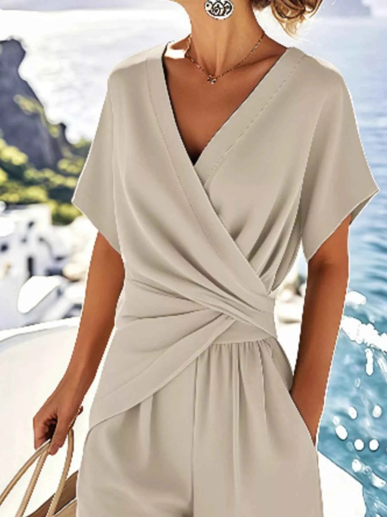 Full Size Surplice Short Sleeve Top and Pants Set Plus Size