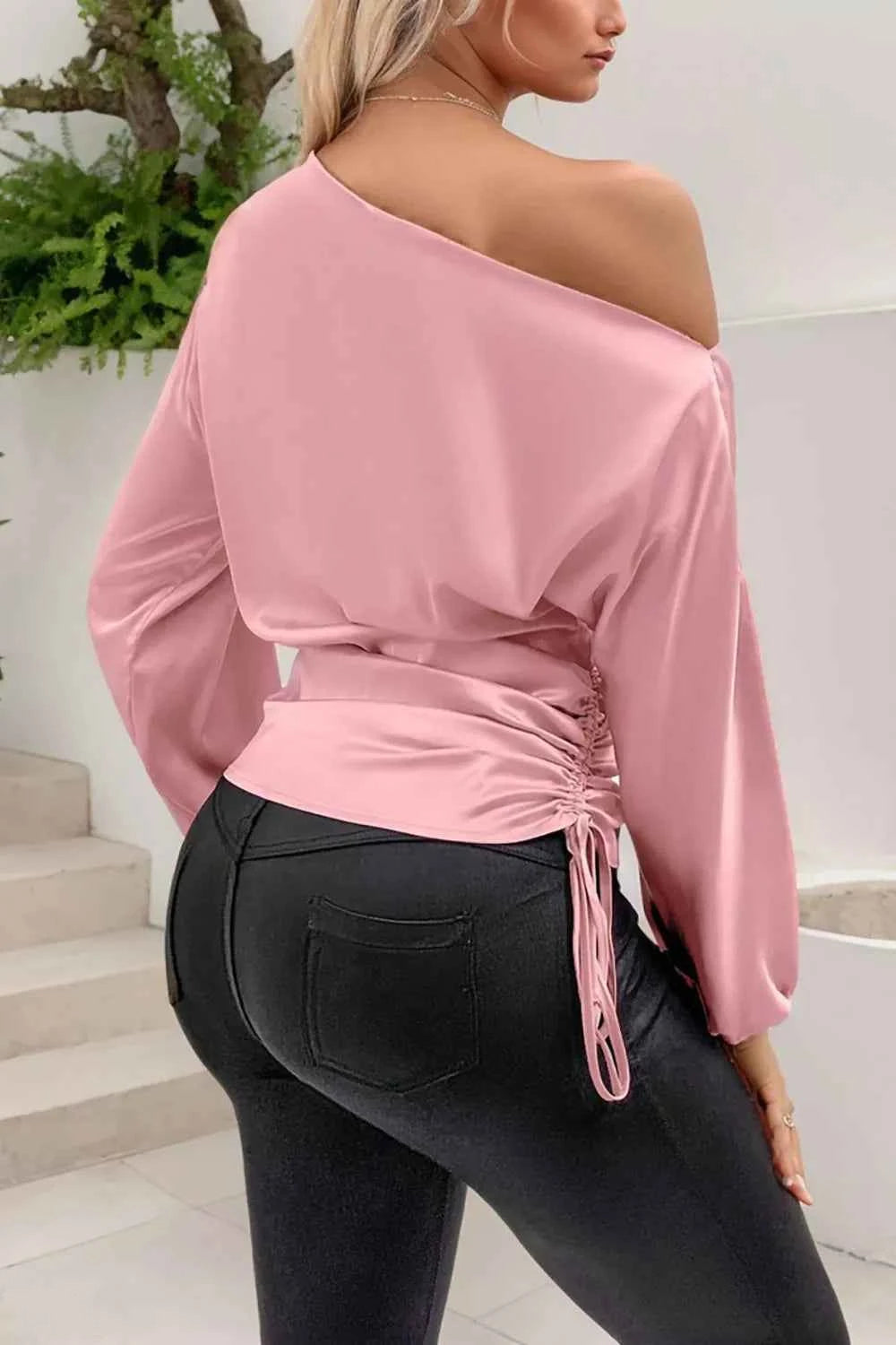 Drawstring One Shoulder Long Sleeve Blouse