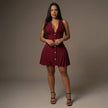 Pleated V-Neck Halter Backless Mini Dress