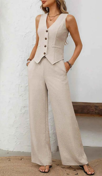 V-Neck Button Down Vest and Wide Leg Pants Set