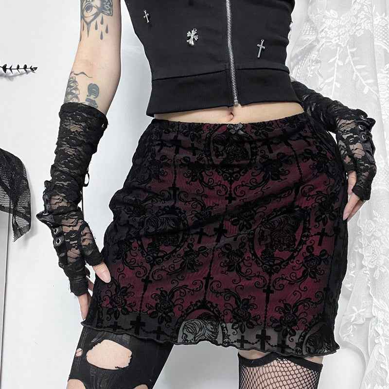 Cult Style Sexy Velvet Double-Layer Bodycon Skirt Women's Dark Chic Aesthetic Mini Skirt