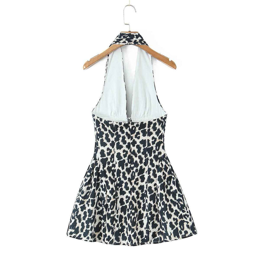 Leopard print deep V-neck halter dress