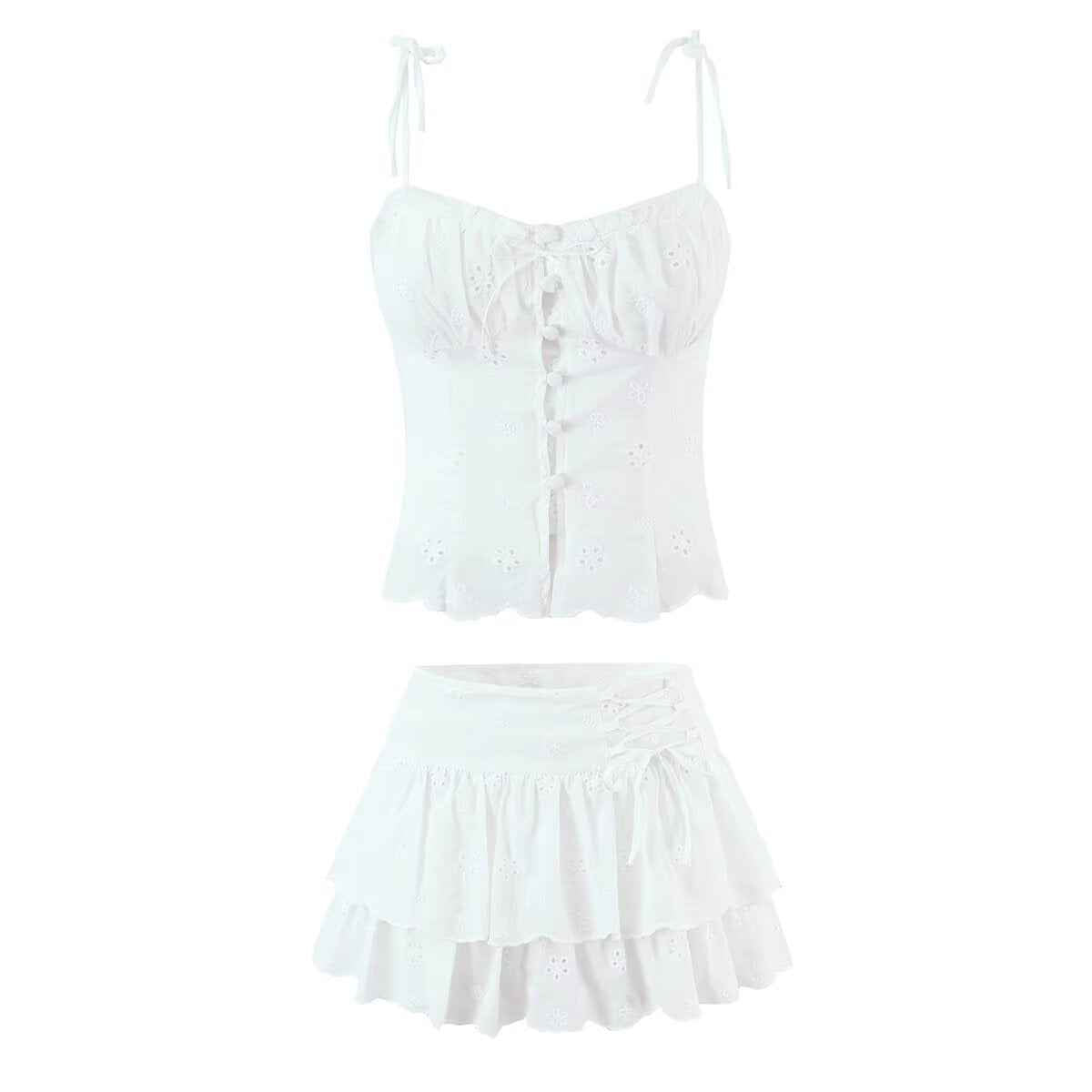 Sexy camisole top embroidered floral skirt set