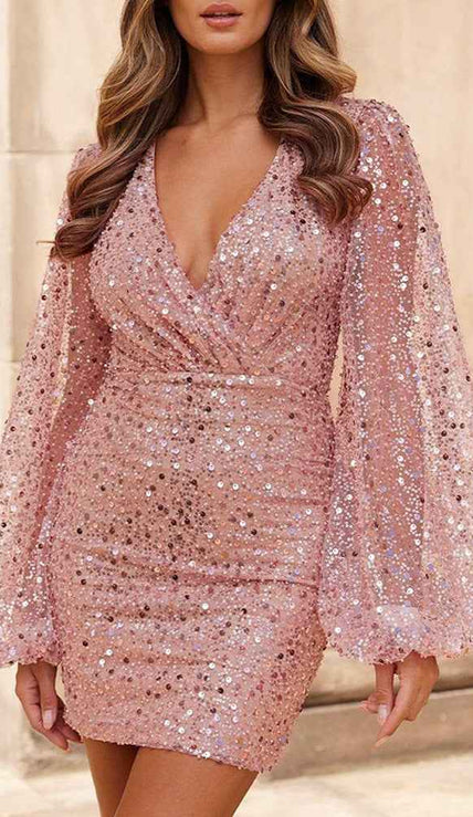 Sequin Fitted Mid-waist Long Sleeve Dress