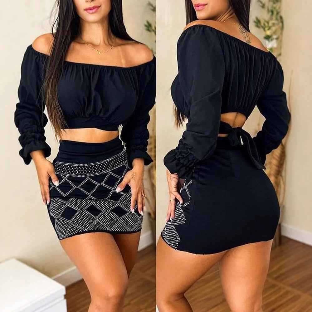 Solid Color Top + Embellished Skirt Set