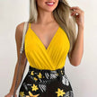Plant Print Sleeveless V-neck Women's Set with Matching Shorts