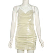 Chic Sexy Low-Cut Metal Chain Back Cut-Out Side Slit Sequin Strap Mini Dress