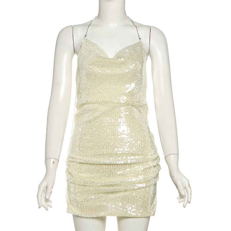 Chic Sexy Low-Cut Metal Chain Back Cut-Out Side Slit Sequin Strap Mini Dress