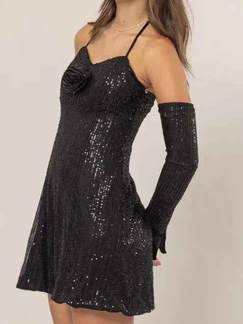 HYFVE Sequin Rosette Halter Mini Dress