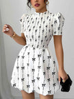 Smocked Bow Print Short Sleeve Dress