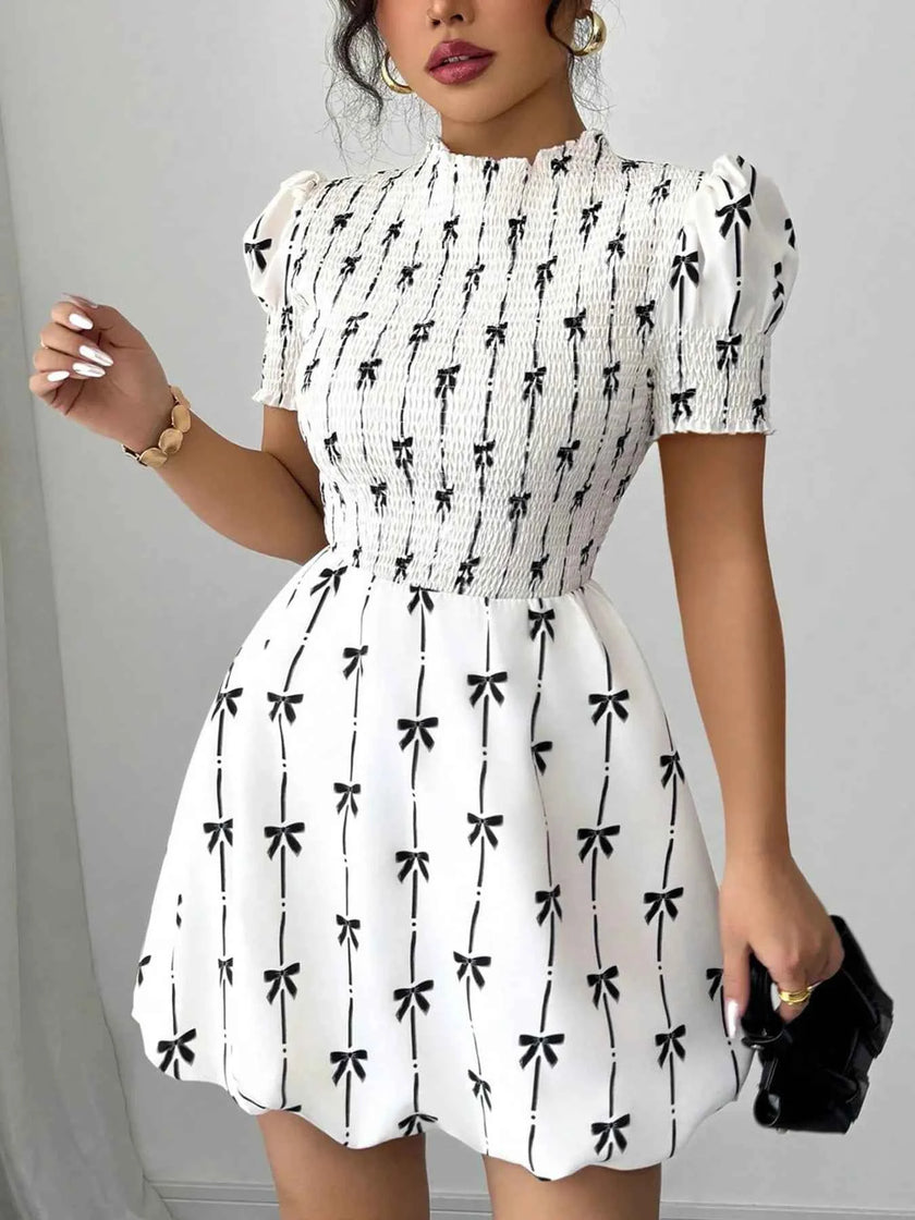 Smocked Bow Print Short Sleeve Dress
