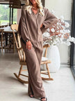 Braided V Neck Long Sleeve Loose Top and Drawstring High Waist Pants 2pcs Outfit