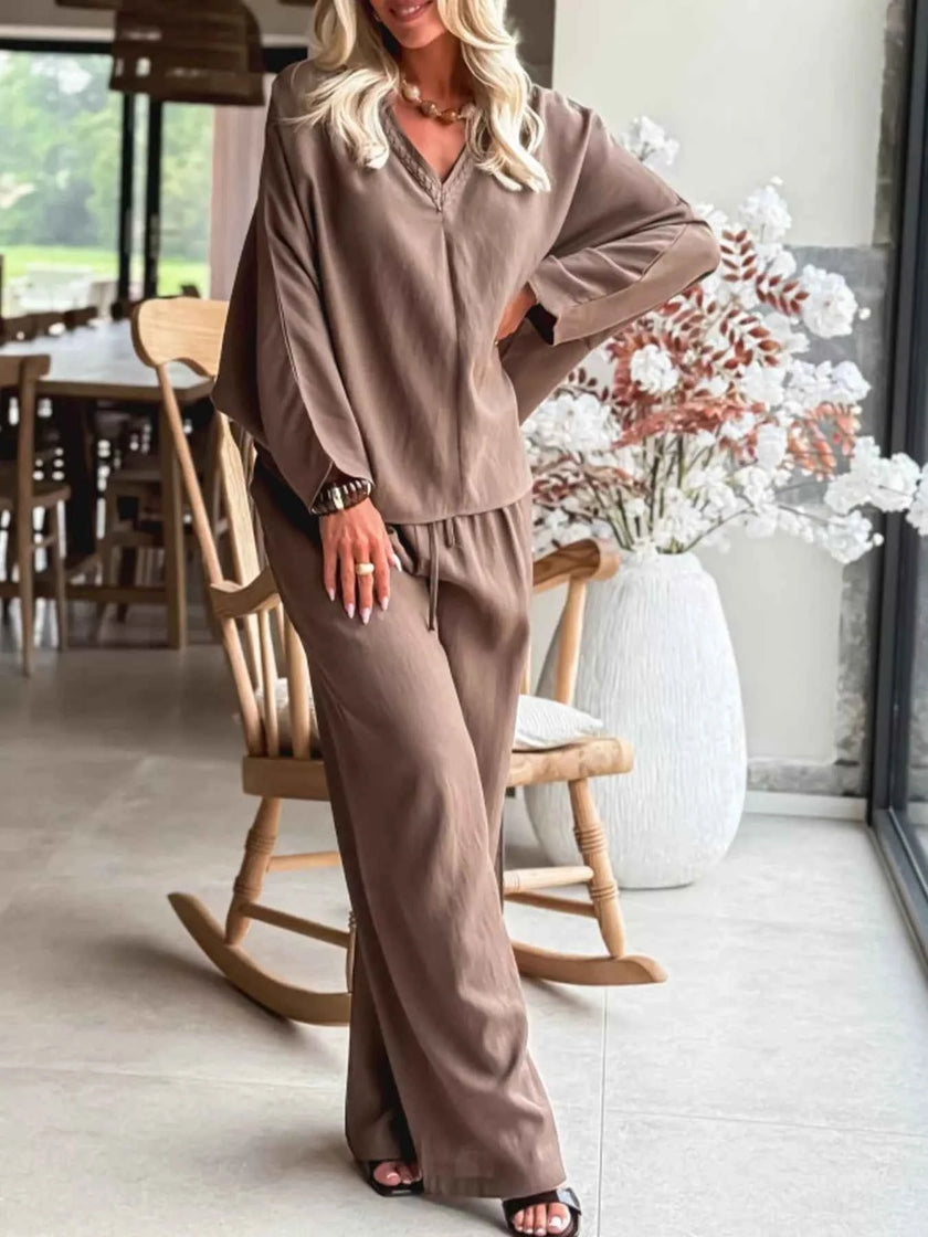 Braided V Neck Long Sleeve Loose Top and Drawstring High Waist Pants 2pcs Outfit