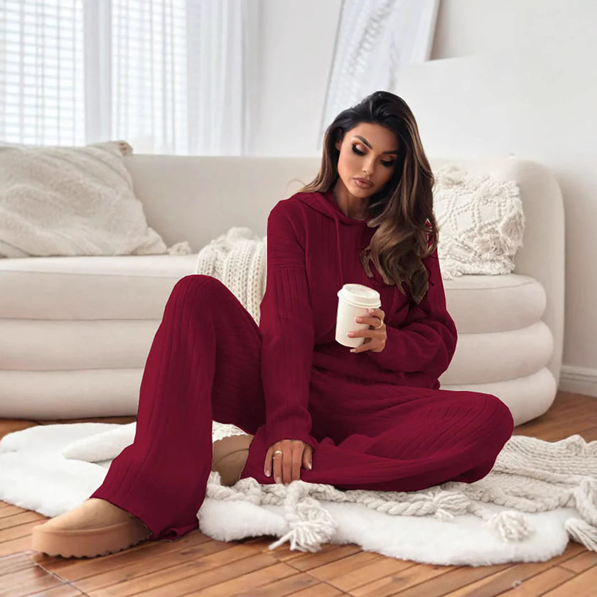 Solid Color Hooded Knitted Lounge Set for Women – Autumn Winter Two-Piece Outfit