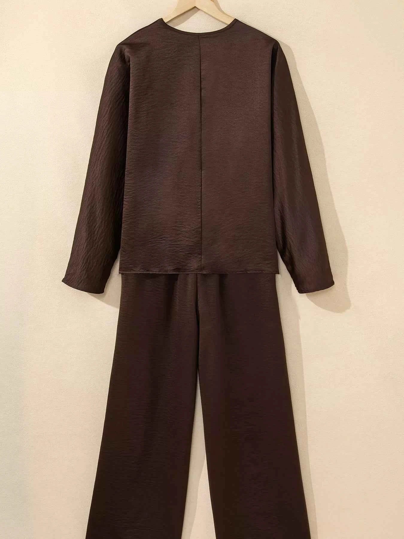 Braided V Neck Long Sleeve Loose Top and Drawstring High Waist Pants 2pcs Outfit
