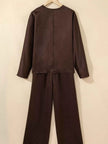 Braided V Neck Long Sleeve Loose Top and Drawstring High Waist Pants 2pcs Outfit