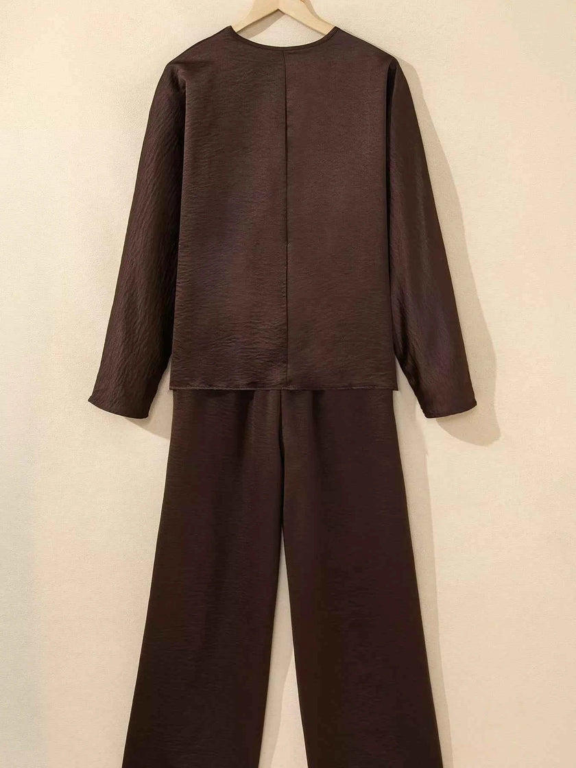 Braided V Neck Long Sleeve Loose Top and Drawstring High Waist Pants 2pcs Outfit