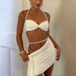 Solid color backless halter top waist hugging skirt set