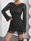 Backless Polka dot Long Sleeve Mini Mesh Dress