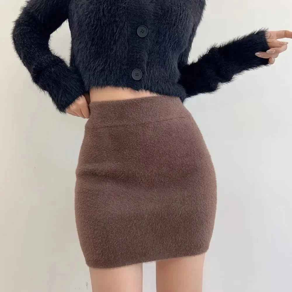 Ins Booss Mini Dress Knitted Thickened A- line Skirt Elastic Waist Sweet Soft Skirt Versatile Style For Various Occasions
