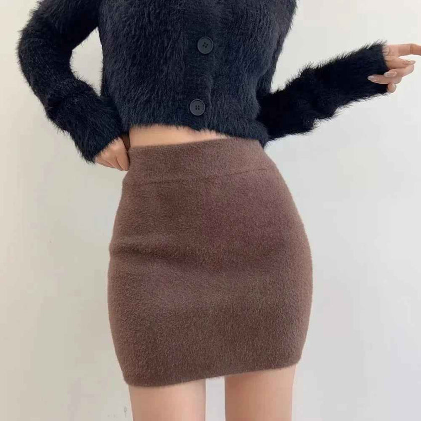 Ins Booss Mini Dress Knitted Thickened A- line Skirt Elastic Waist Sweet Soft Skirt Versatile Style For Various Occasions