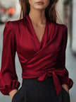 Satin Tied Balloon Sleeve Blouse