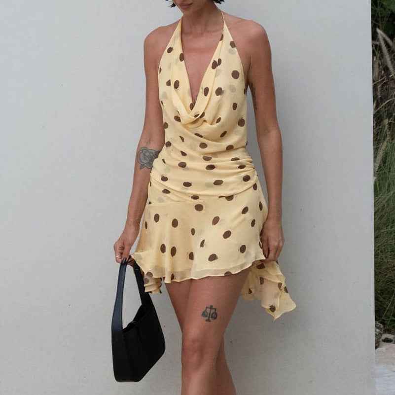 Foreign Trade New French Polka Dot Chiffon Dress Sexy Halter Deep V Fork Backless Pencil Skirt