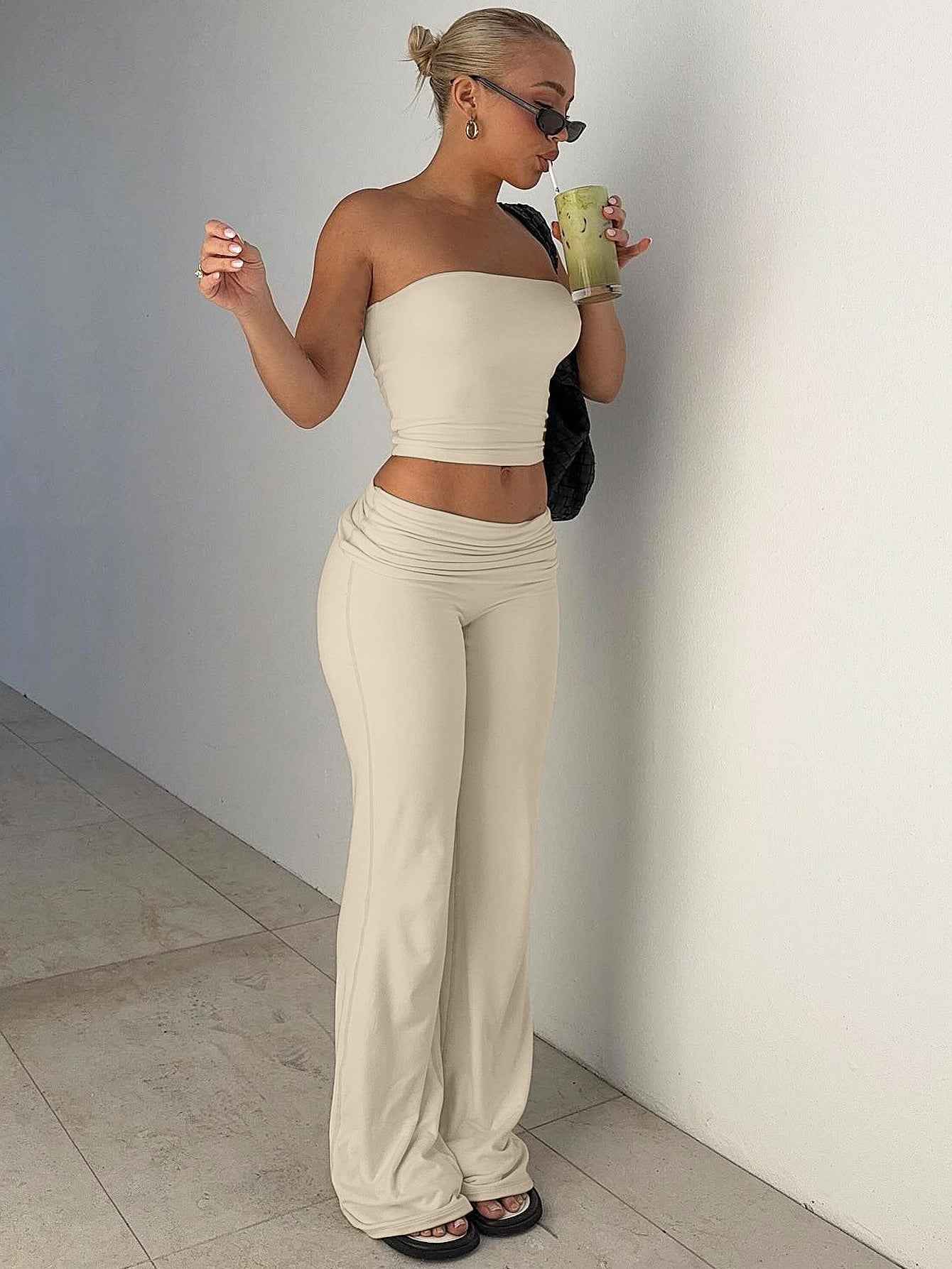 Solid Color Trumpet Neck Tube Top and Long Pants Slimming Set for Women Fashion New Arrival Summer Wear