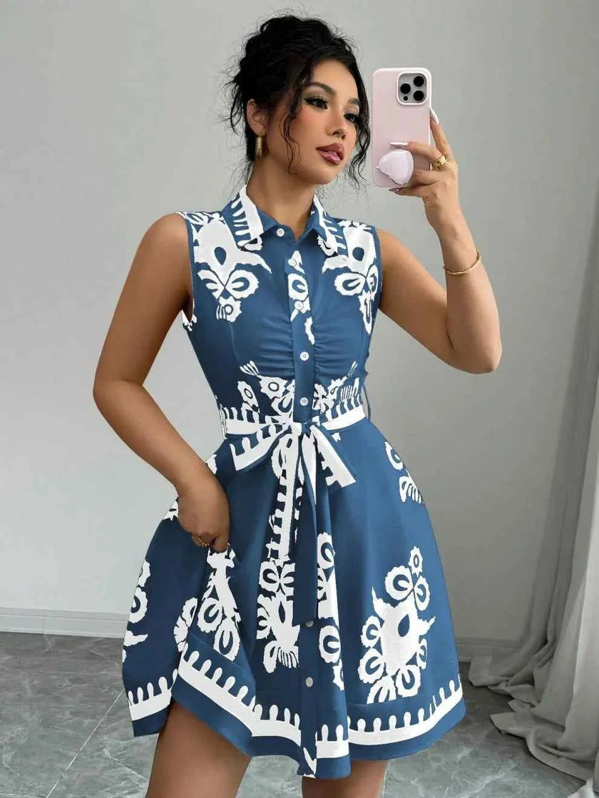 Printed Sleeveless Button Front Dress