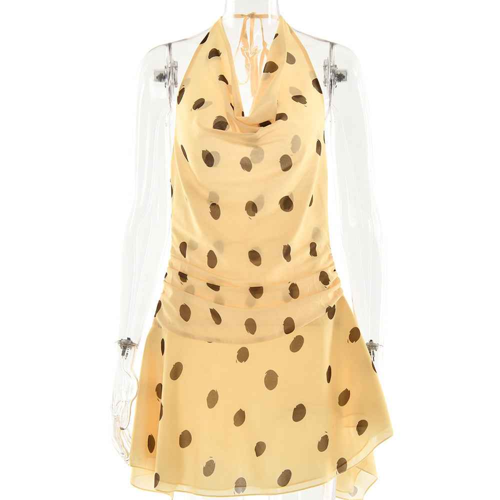 Foreign Trade New French Polka Dot Chiffon Dress Sexy Halter Deep V Fork Backless Pencil Skirt