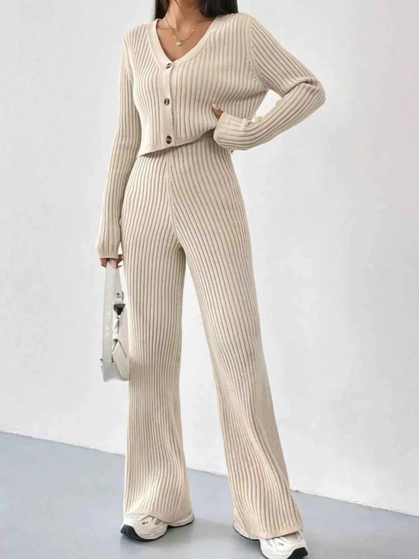 Ribbed Knit Button Up Top and Pants Set