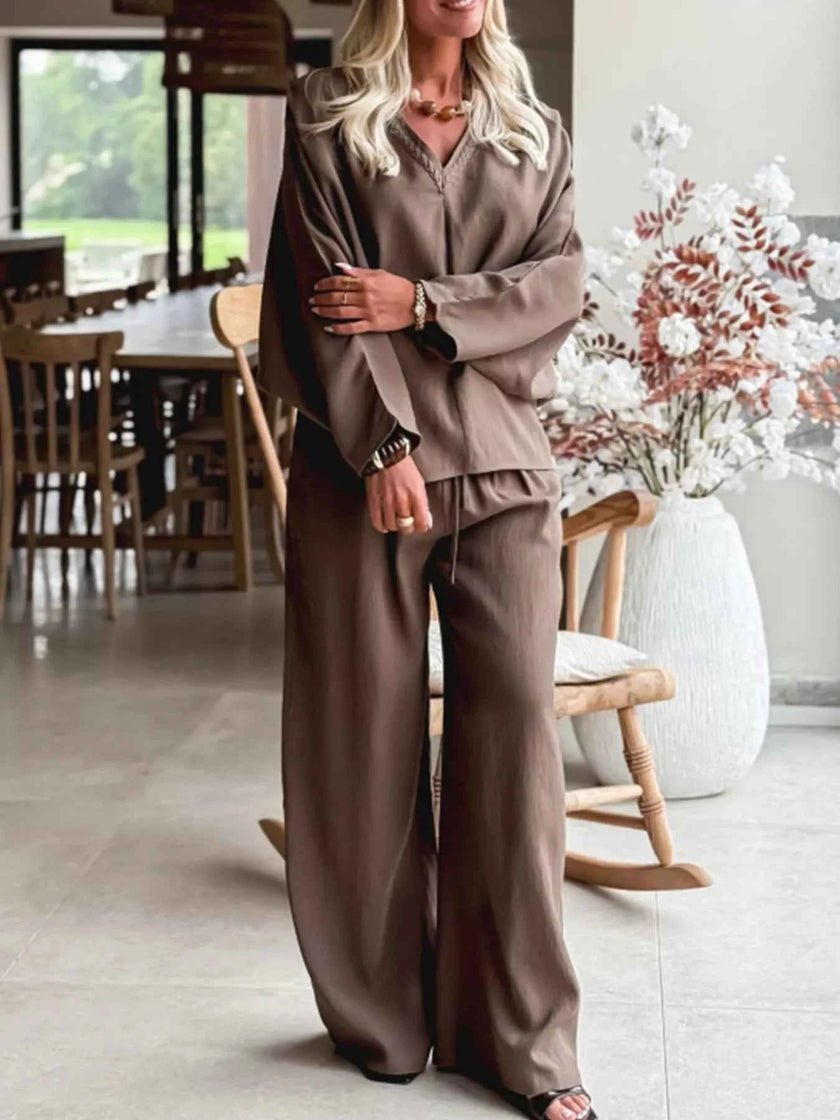 Braided V Neck Long Sleeve Loose Top and Drawstring High Waist Pants 2pcs Outfit