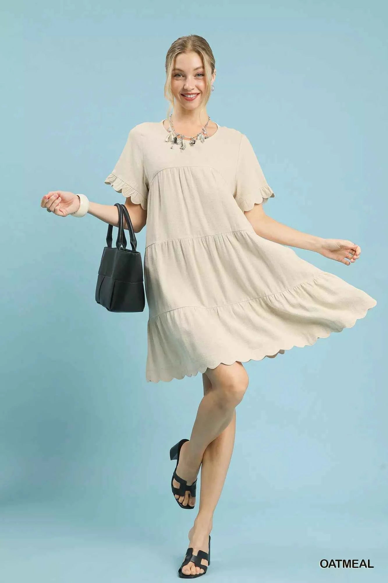 Umgee Linen Tiered Babydoll Dress with Ruffle Sleeves