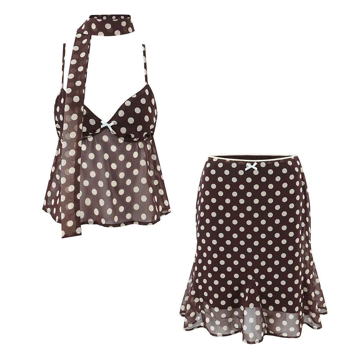 style retro polka dot V-neck crop top matching dress set